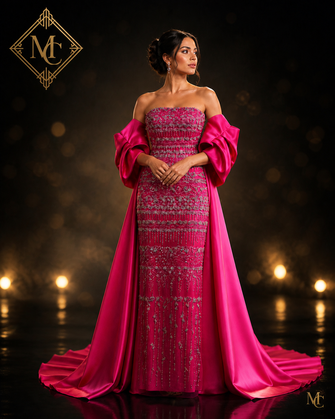 Sage green MC Luxury Dubai evening dress by MC THE BLACK DIAMOND, elegant long gown with detailed design and flowing fabric.