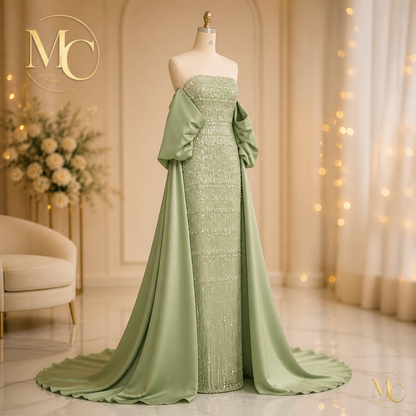 Sage green MC Luxury Dubai evening dress by MC THE BLACK DIAMOND, elegant long gown with intricate detailing and flowing fabric.