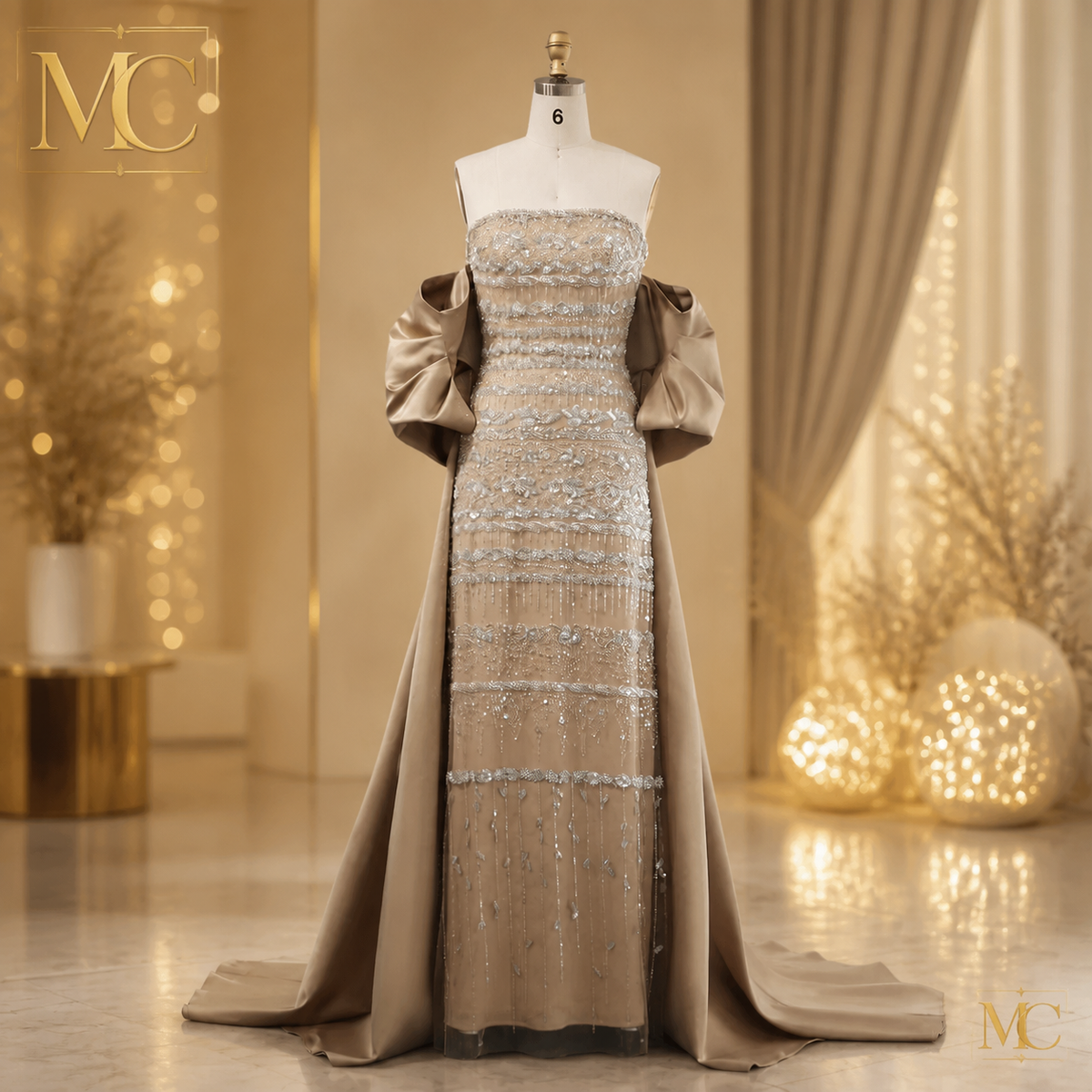 MC Luxury Dubai sage green evening dress by MC THE BLACK DIAMOND, featuring elegant fabric and stylish design.