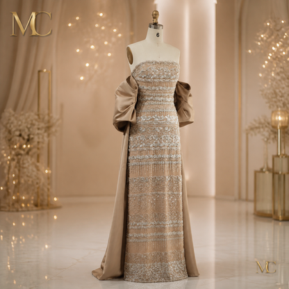 Elegant MC Luxury Dubai sage green evening dress by MC THE BLACK DIAMOND, featuring flowing fabric and intricate design details.