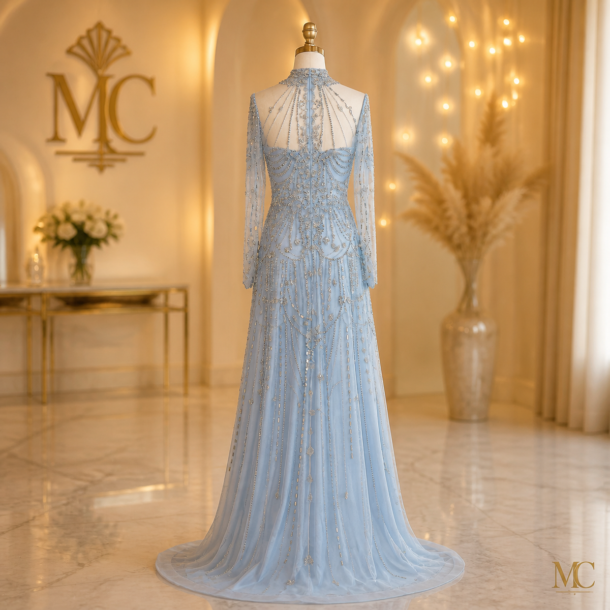 MC THE BLACK DIAMOND luxury long sleeve high neck Dubai evening dress for women, elegant wedding and party formal gown.
