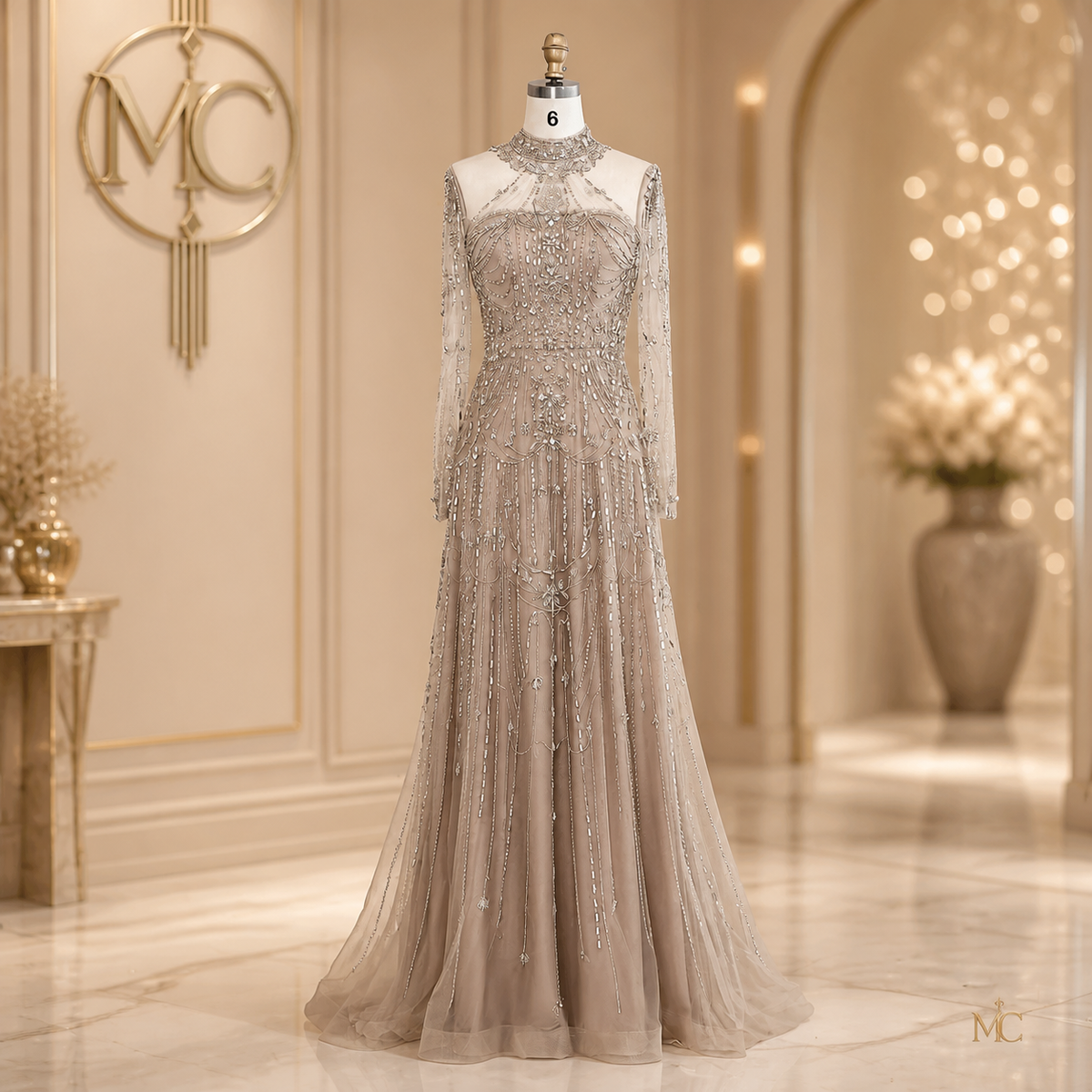 Elegant black long sleeve high neck Dubai luxury evening gown by MC THE BLACK DIAMOND, perfect for wedding and formal parties.