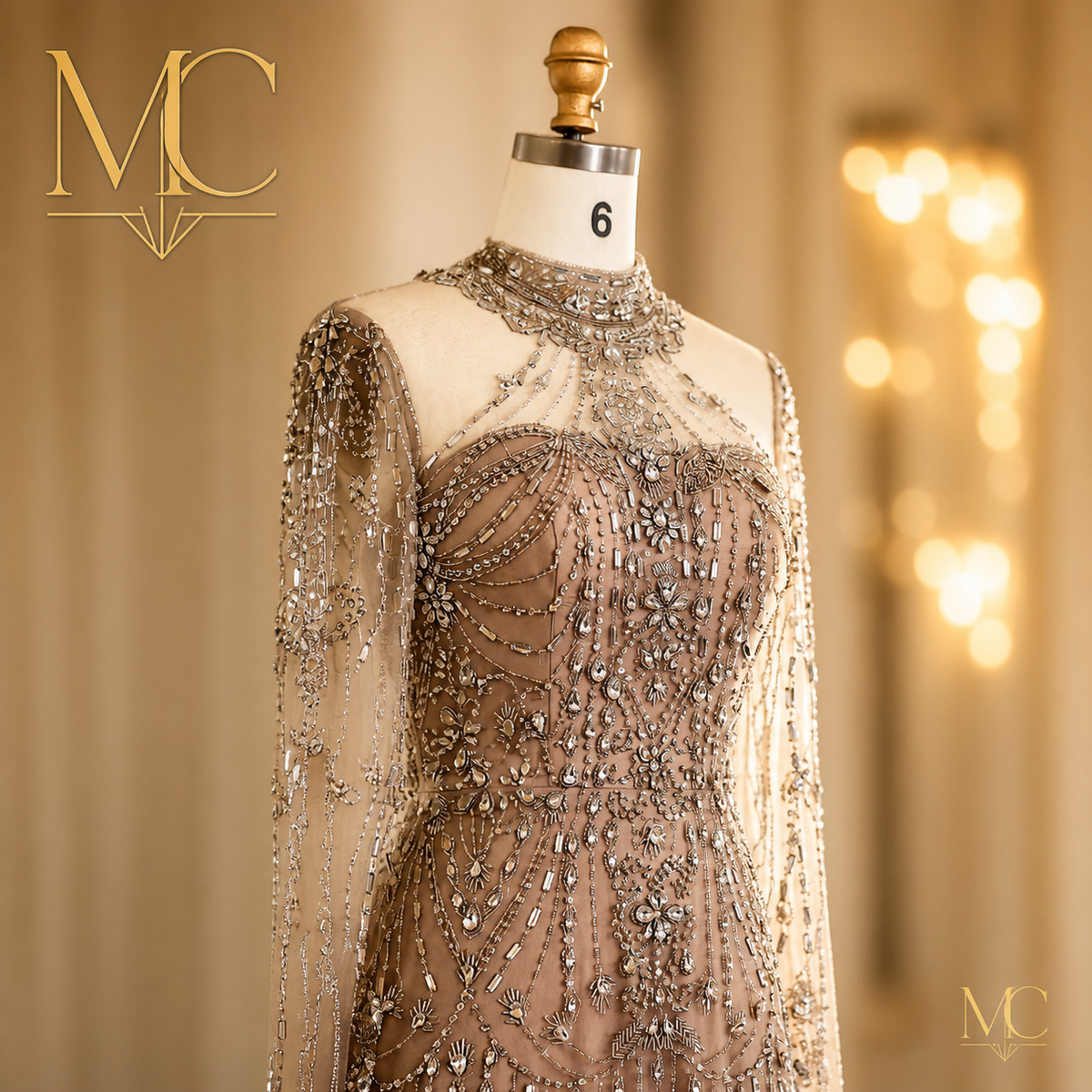 Elegant MC THE BLACK DIAMOND long sleeve high neck Dubai luxury evening dress for women, suitable for wedding and formal parties.
