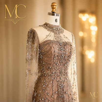Elegant MC THE BLACK DIAMOND long sleeve high neck Dubai luxury evening dress for women, suitable for wedding and formal parties.