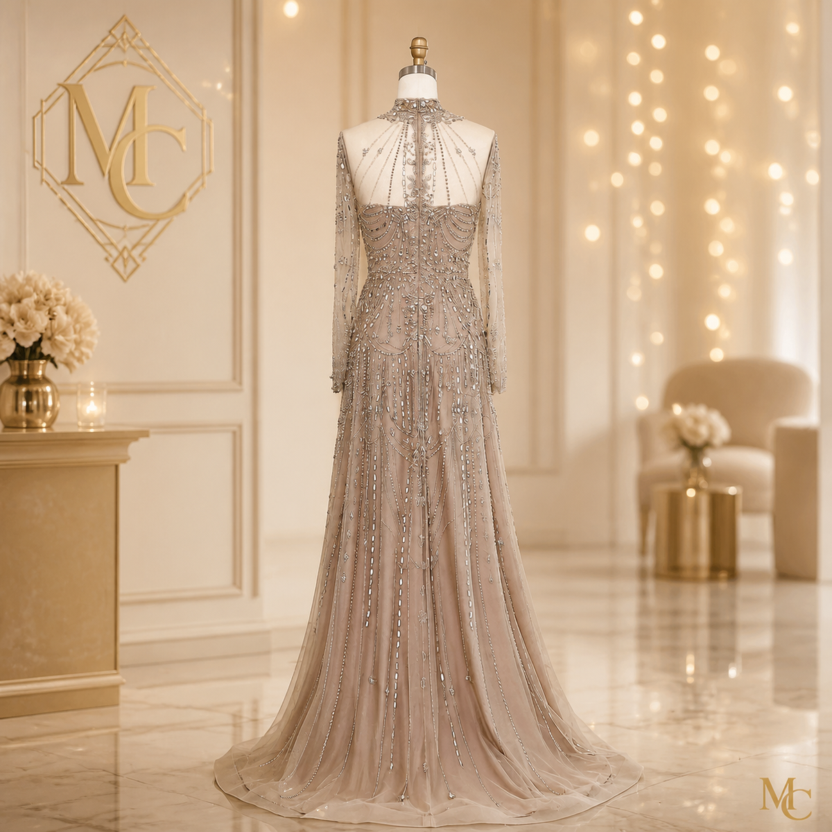 MC THE BLACK DIAMOND long sleeve high neck Dubai luxury evening dress with intricate embroidery, perfect for wedding or formal events.