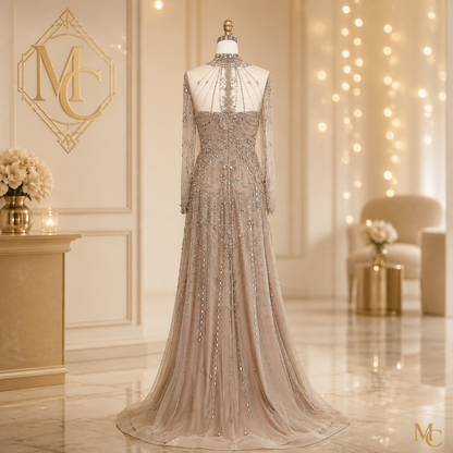 MC THE BLACK DIAMOND long sleeve high neck Dubai luxury evening dress with intricate embroidery, perfect for wedding or formal events.