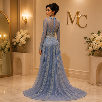 Elegant black MC THE BLACK DIAMOND long sleeve formal evening dress with a fitted silhouette and classic design.