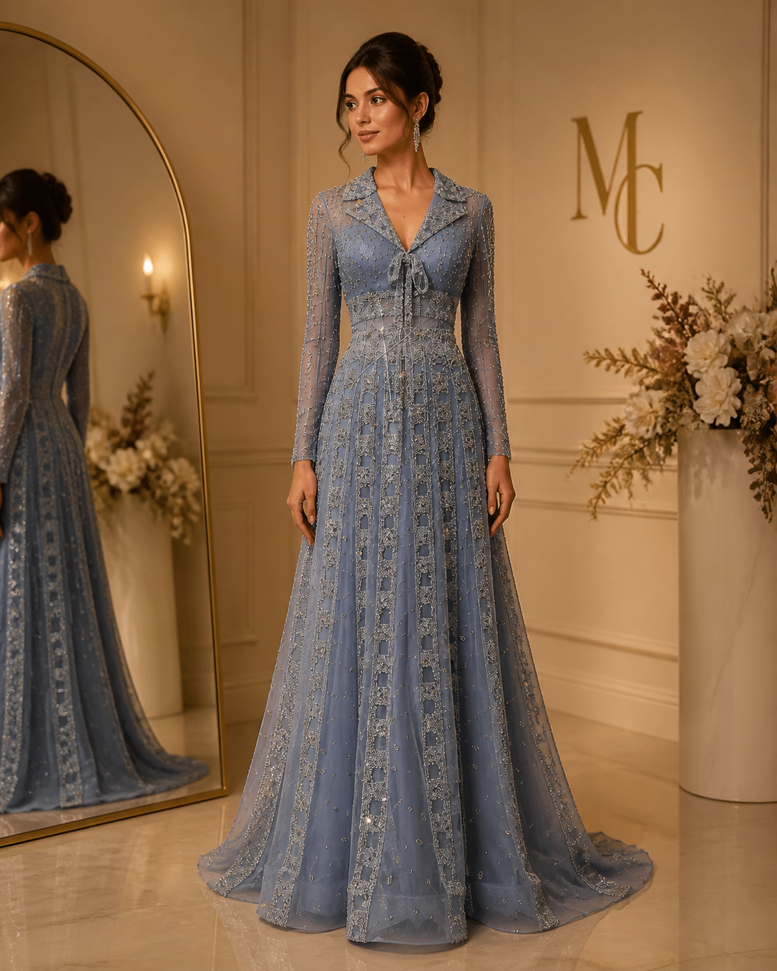 Elegant MC THE BLACK DIAMOND MC long sleeve formal evening dress displayed on a mannequin with intricate details.