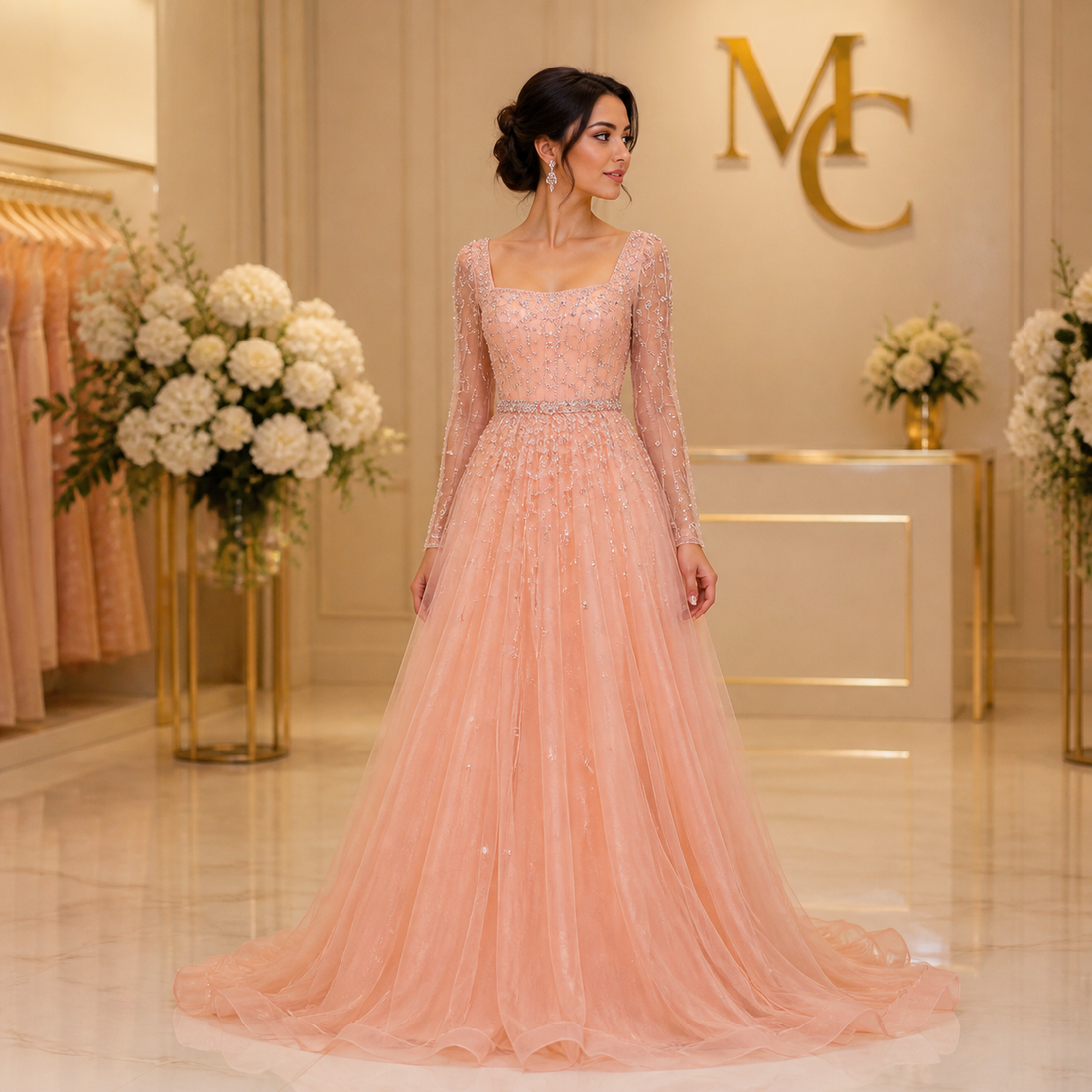 MC Luxury Pink Dubai Evening Dress by MC THE BLACK DIAMOND, featuring elegant fabric and intricate design details.