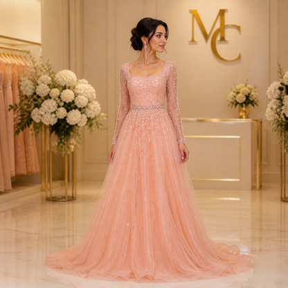 MC Luxury Pink Dubai Evening Dress by MC THE BLACK DIAMOND, featuring elegant fabric and intricate design details.