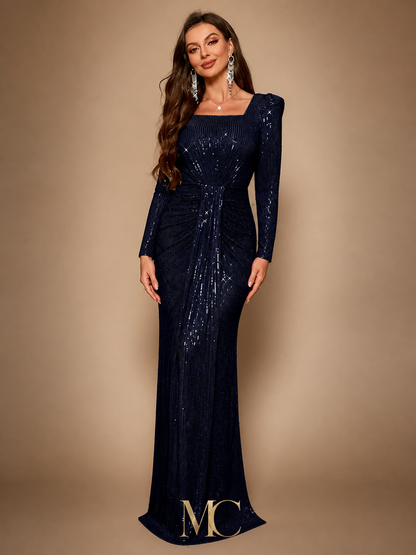MC THE BLACK DIAMOND sequin long sleeve formal dress with square neckline, elegant evening wear featuring shimmering sequins.