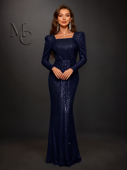 MC THE BLACK DIAMOND sequin long sleeve formal dress with square neckline, elegant design, perfect for evening events
