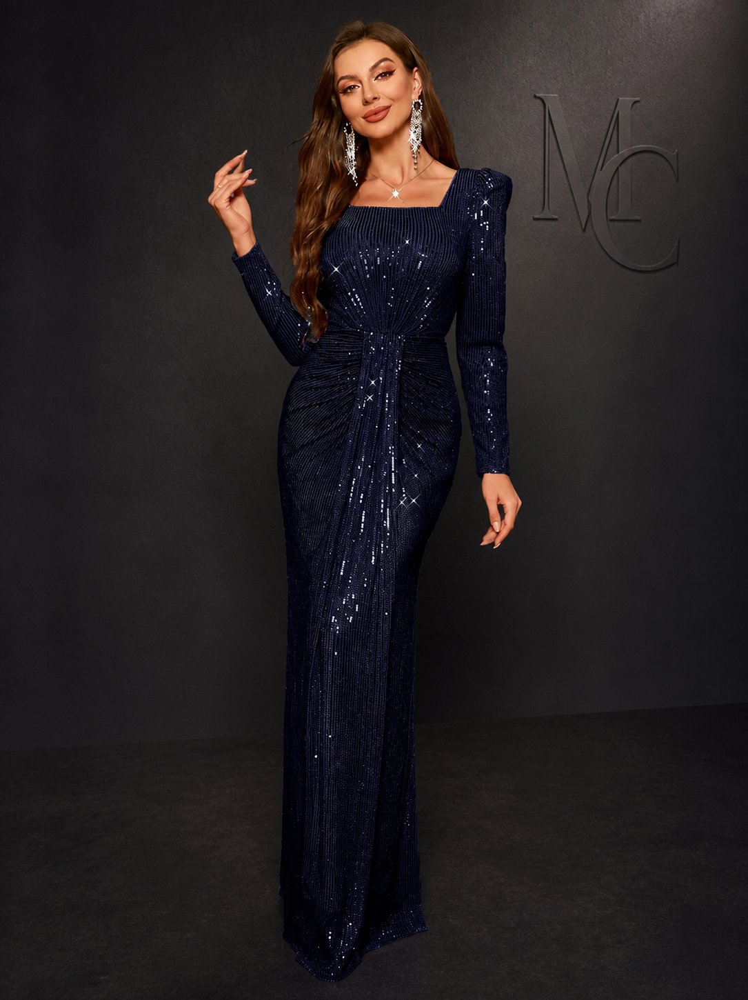 Black MC THE BLACK DIAMOND sequin long sleeve formal dress with a square neckline, elegant and stylish for special occasions.