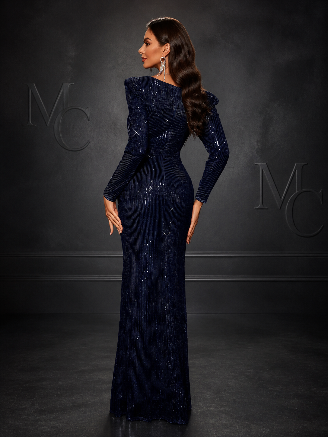MC THE BLACK DIAMOND sequin long sleeve formal dress with square neckline, elegant design, perfect for special occasions.