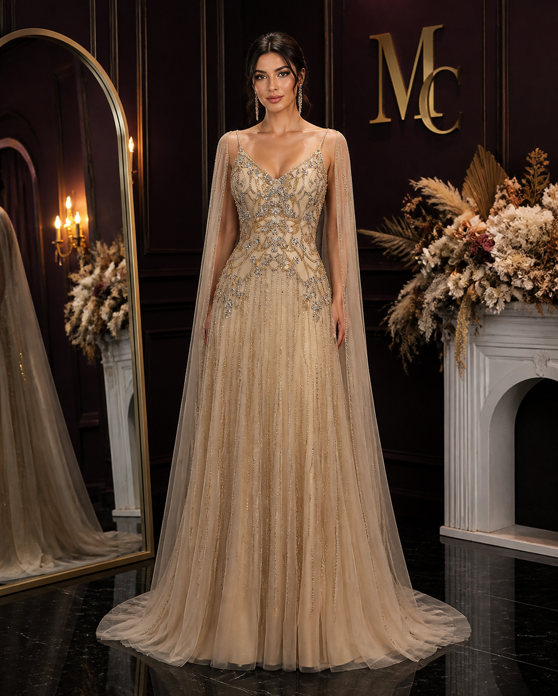 Elegant black formal evening dress by MC THE BLACK DIAMOND, showcased with flowing fabric and intricate design details.