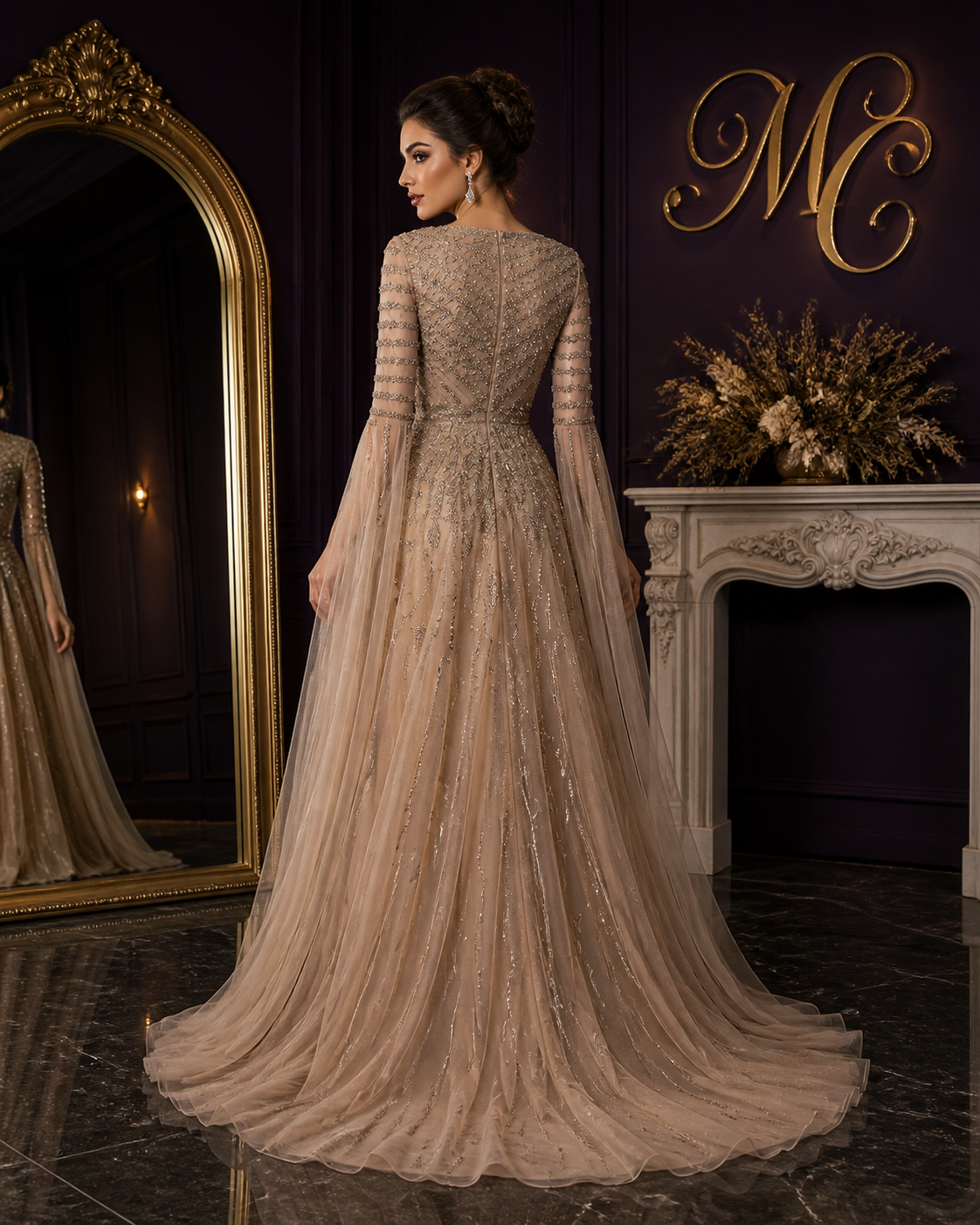 Elegant Arabesque caramel-colored dress by MC THE BLACK DIAMOND featuring intricate detailing and flowing fabric.