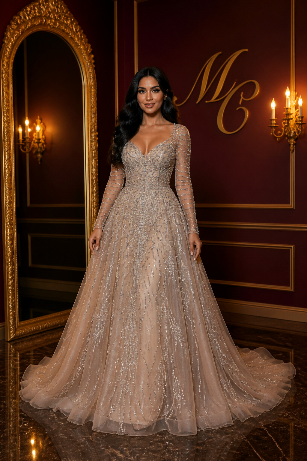 Elegant Arabic caramel-colored dress by MC THE BLACK DIAMOND featuring intricate design details and a flowing silhouette.