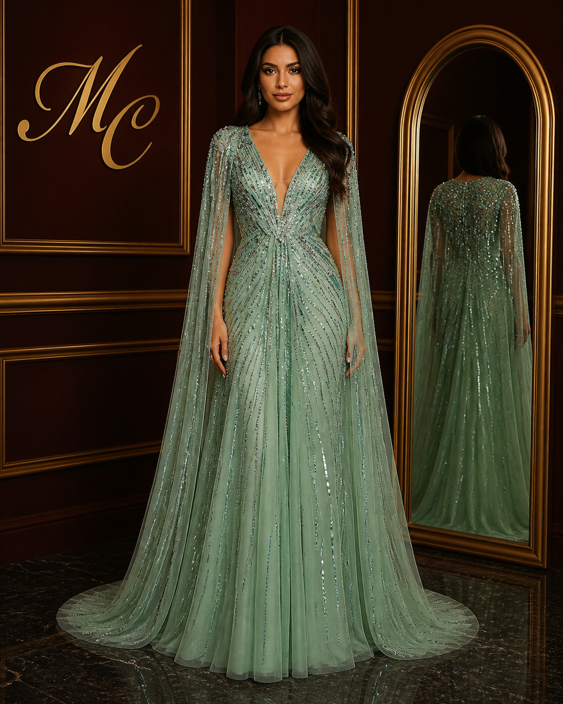 Turquoise mermaid evening dress by MC THE BLACK DIAMOND featuring elegant, fitted silhouette and flowing fabric for formal occasions.