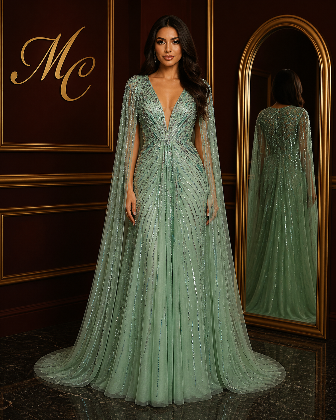 Turquoise mermaid evening dress by MC THE BLACK DIAMOND featuring elegant, fitted silhouette and flowing fabric for formal occasions.