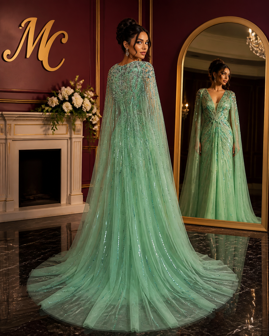 Turquoise mermaid evening dress by MC THE BLACK DIAMOND featuring elegant design and flowing fabric, perfect for formal events.