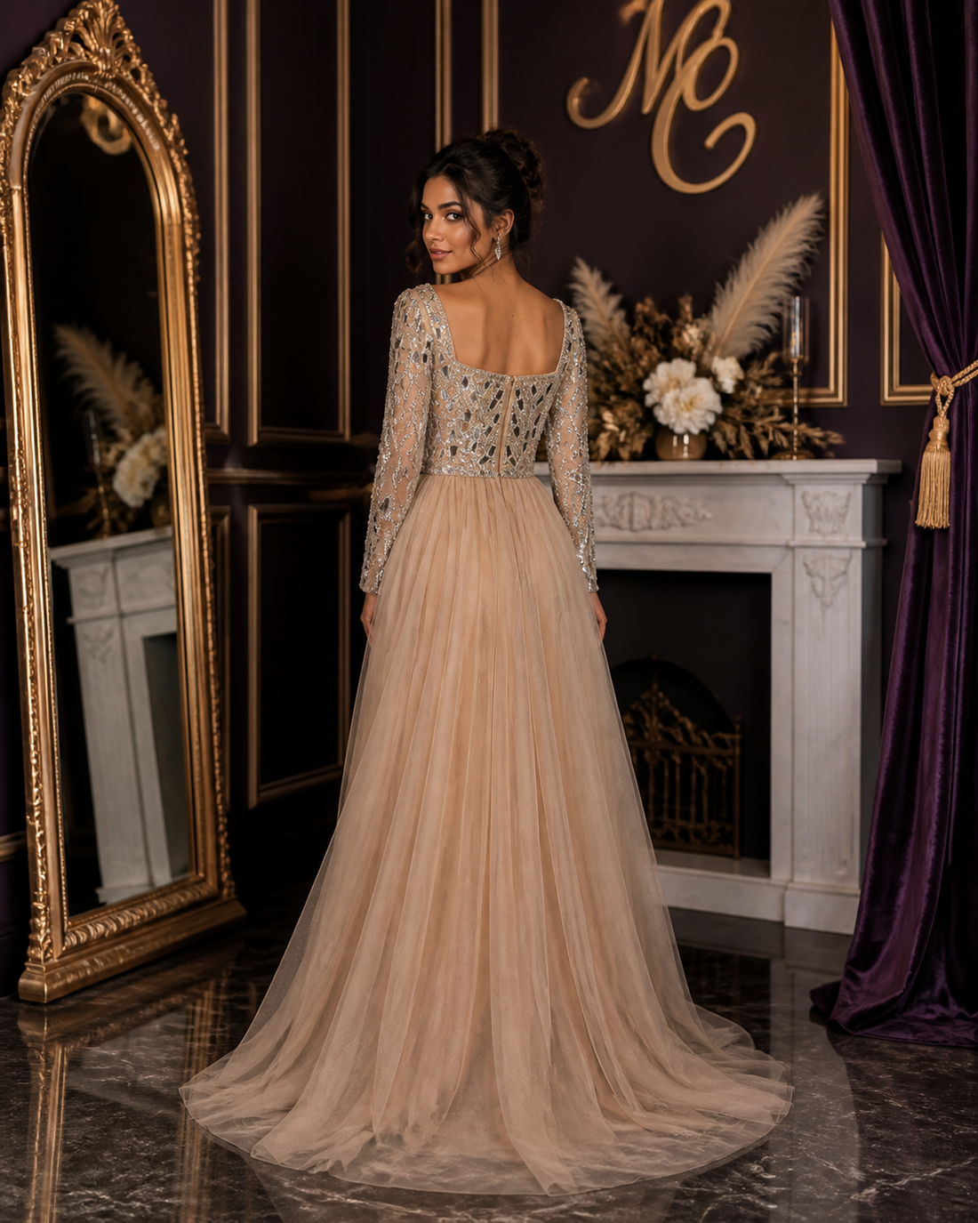 Elegant MC Luxury Arabic dress by MC THE BLACK DIAMOND featuring intricate embroidery and flowing fabric.