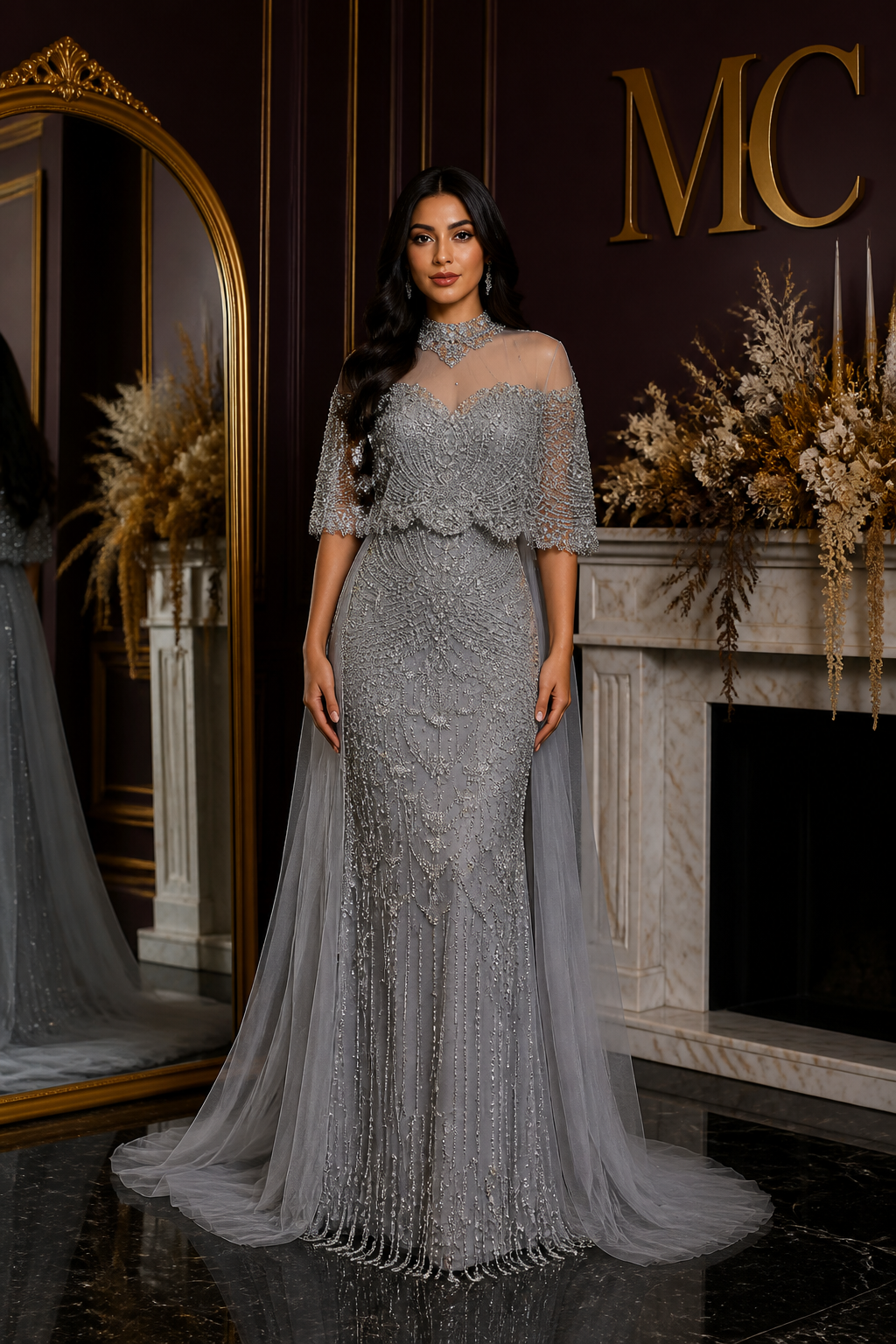 Beaded grey Arabic evening dress by MC THE BLACK DIAMOND featuring intricate beading and elegant design.