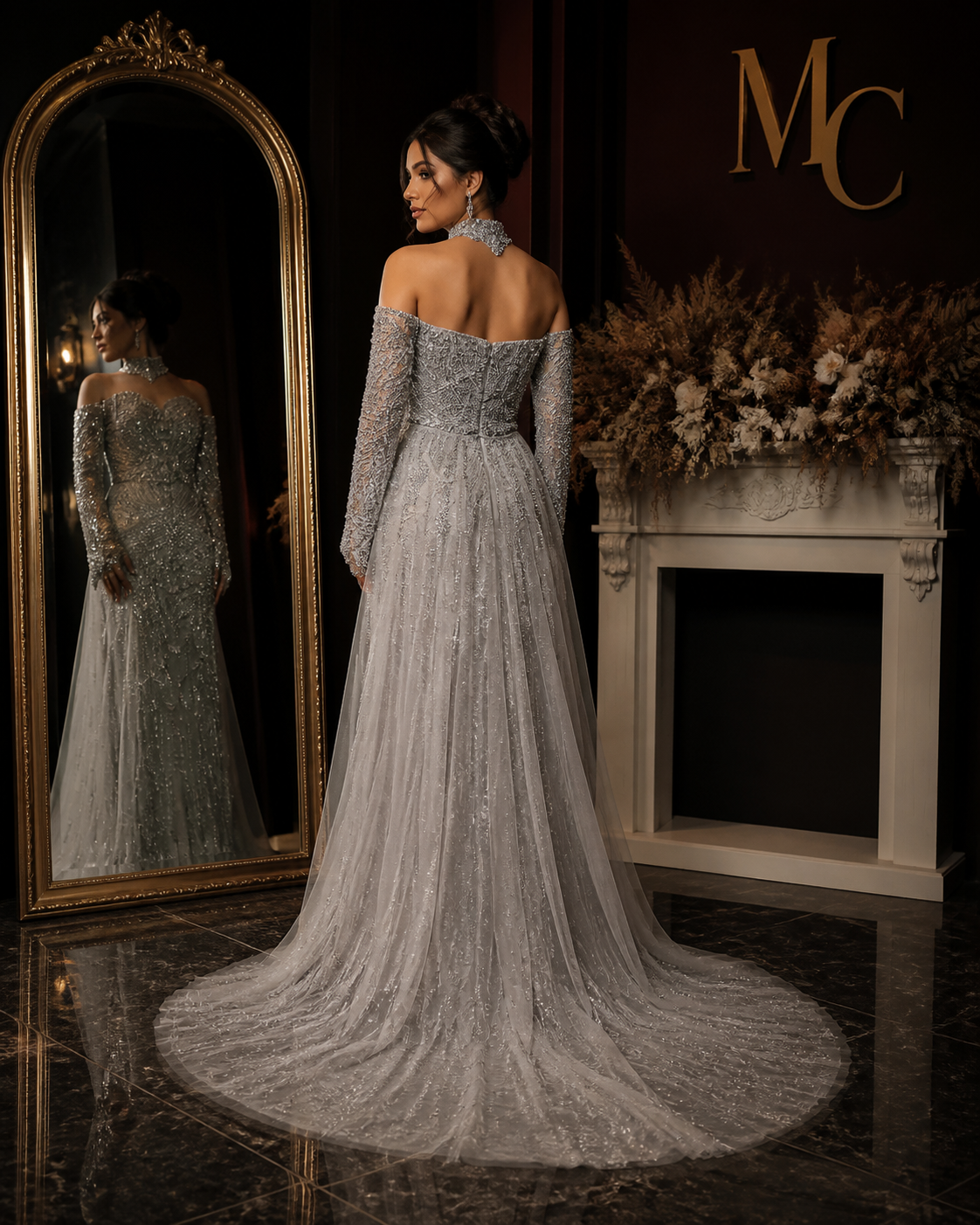 Beaded grey Arabic evening dress by MC THE BLACK DIAMOND featuring intricate beadwork and elegant design.