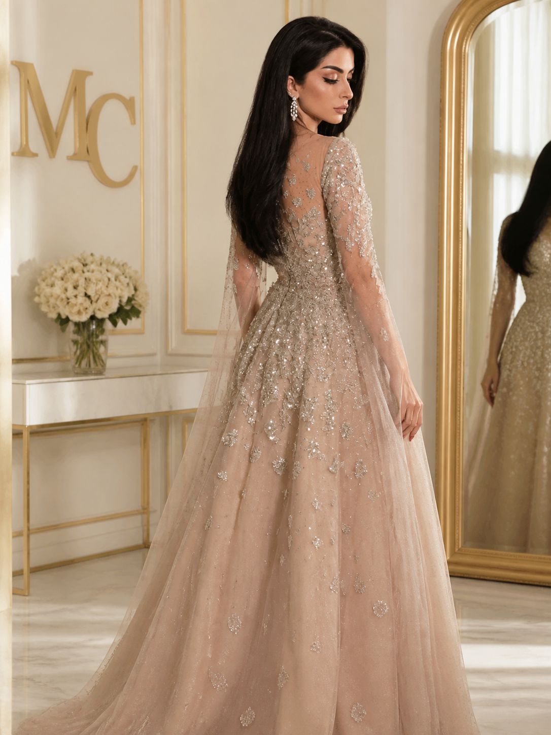 MC THE BLACK DIAMOND MC Batwing Sleeves A-line Evening Dress, black fabric with elegant batwing sleeves and a flowing silhouette.