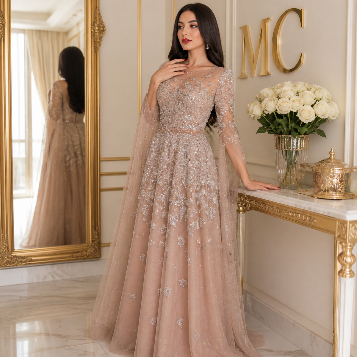 MC THE BLACK DIAMOND MC Batwing Sleeves A-line evening dress, black fabric with elegant silhouette and stylish batwing sleeves.