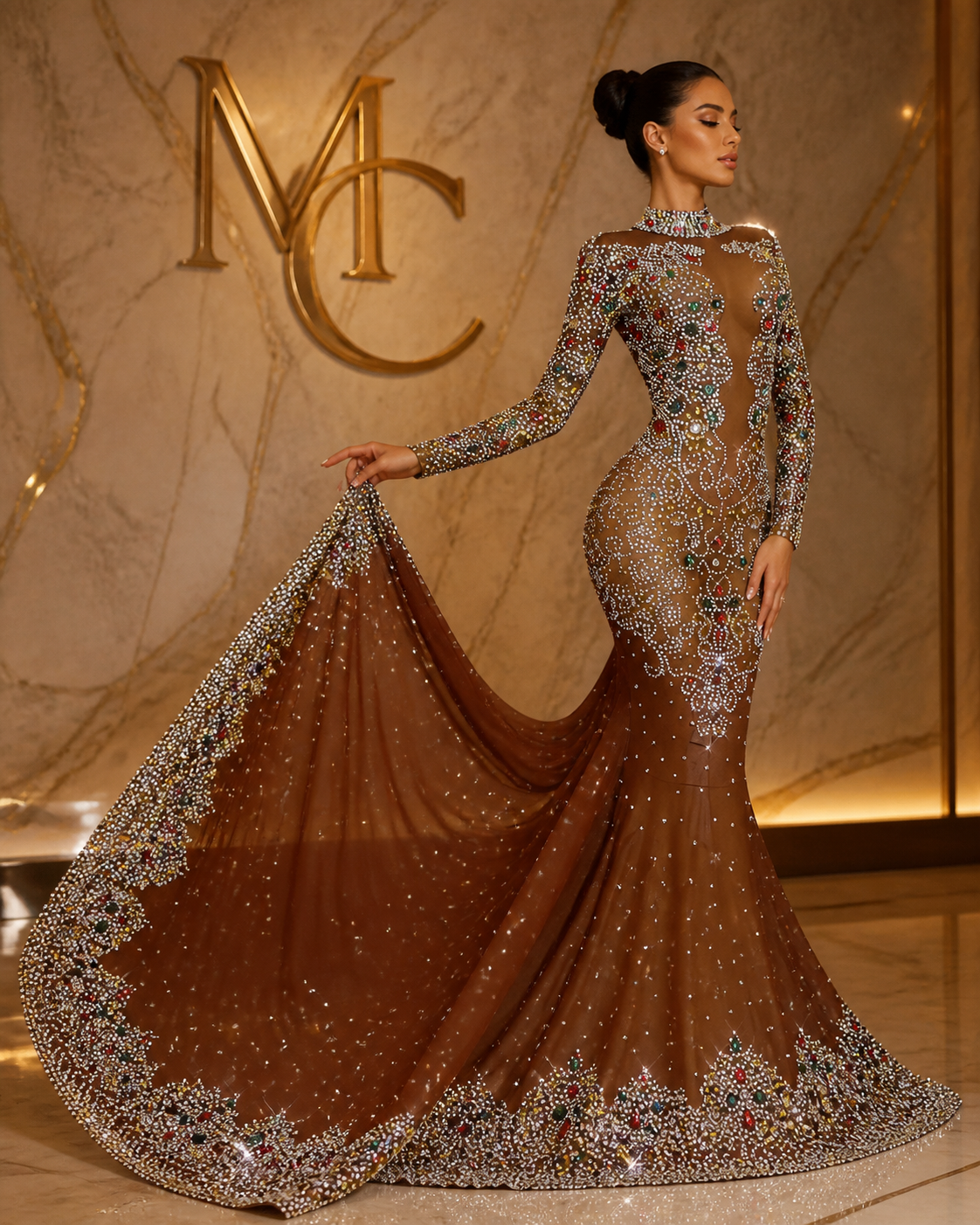 MC THE BLACK DIAMOND MC Luxury Floor-length Dress with sparkling crystals and elegant design.