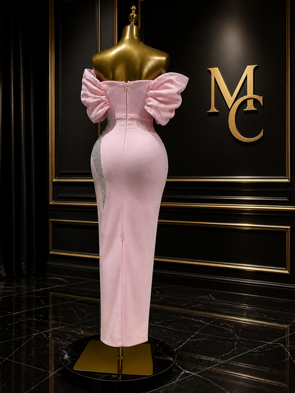 Elegant MC Pink Evening Dress by MC THE BLACK DIAMOND, featuring a flowing silhouette and stylish design perfect for formal occasions.
