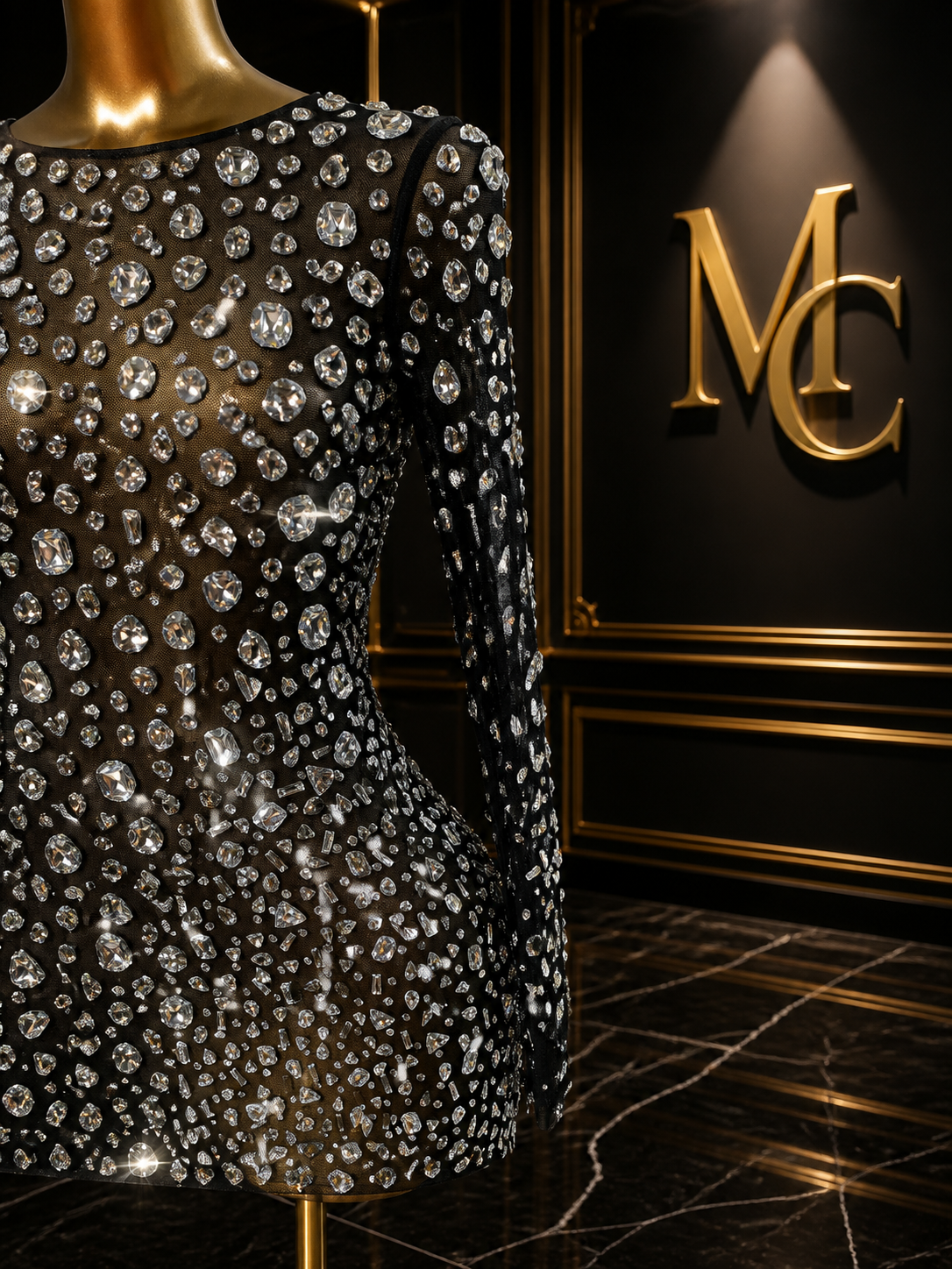MC THE BLACK DIAMOND sparkling diamond short party dress featuring an elegant design with shimmering details.