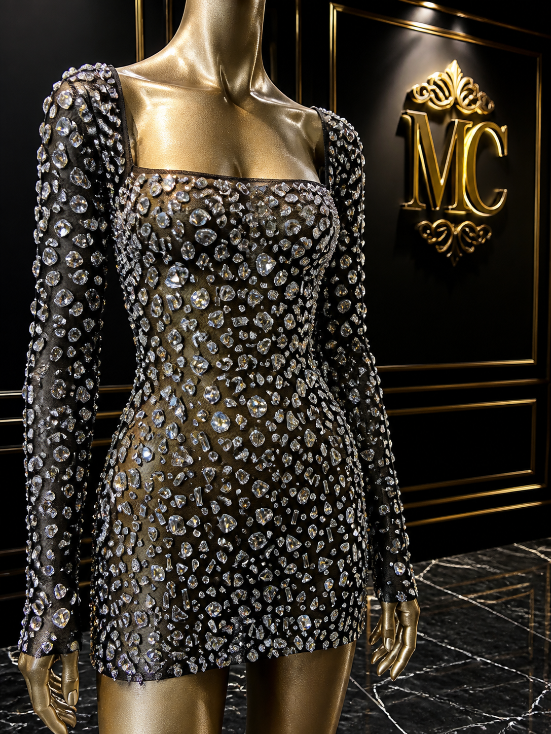 MC THE BLACK DIAMOND sparkling diamond short party dress with elegant design and fit, perfect for stylish evening events.