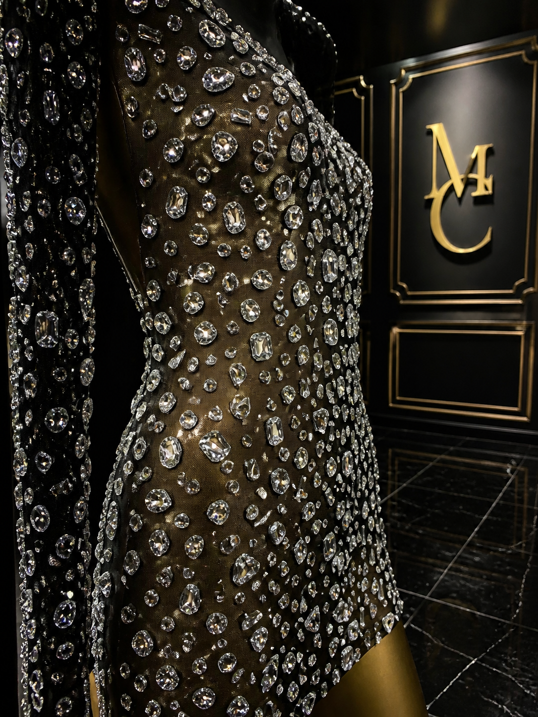 Black MC THE BLACK DIAMOND sparkling diamond short party dress with elegant design, suited for special occasions and celebrations.