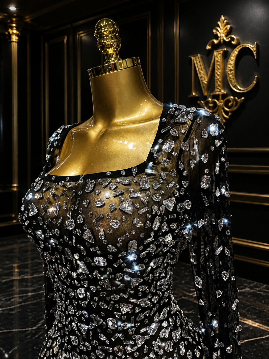 MC THE BLACK DIAMOND sparkling diamond short party dress featuring elegant design and shimmering embellishments.