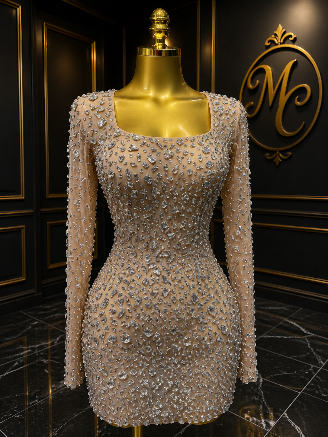MC THE BLACK DIAMOND sparkling diamond party short dress with elegant design and fitted silhouette, perfect for special occasions.