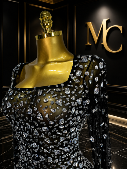 MC THE BLACK DIAMOND sparkling diamond short party dress with elegant design and fitted silhouette.