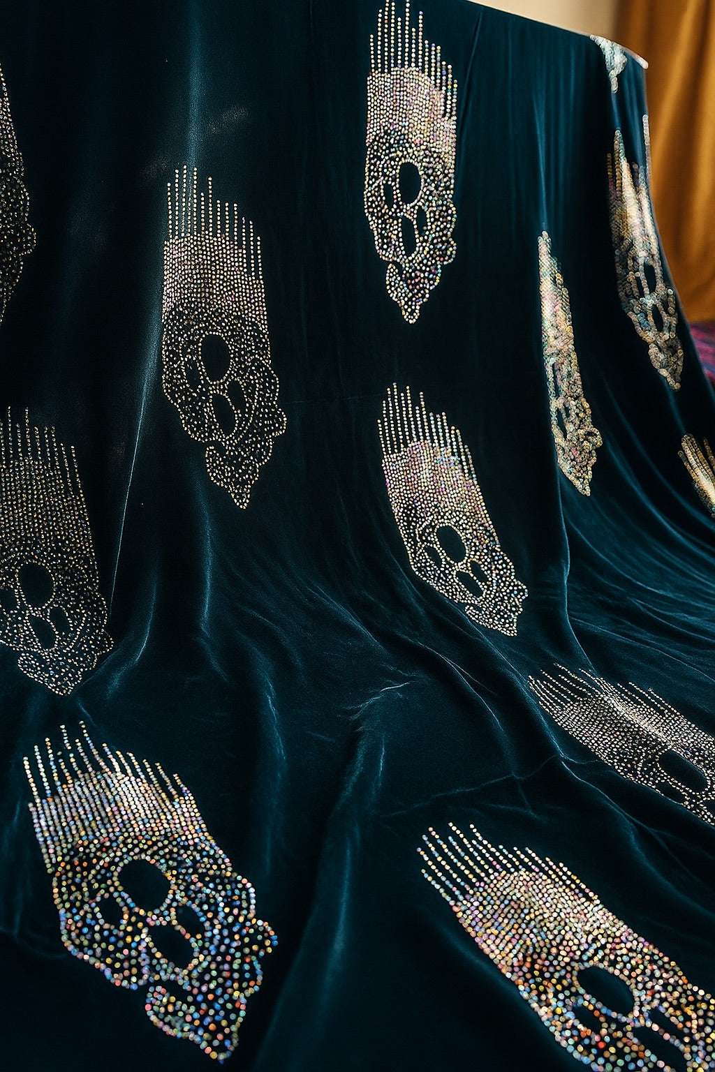 Midnight sapphire velvet fabric from MC THE BLACK DIAMOND, showcasing a luxurious, soft velvet material for elegant garments.