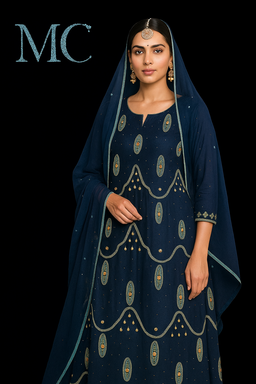 Deep navy blue chiffon fabric from MC THE BLACK DIAMOND, 4-meter length, smooth and lightweight textile for elegant garments.