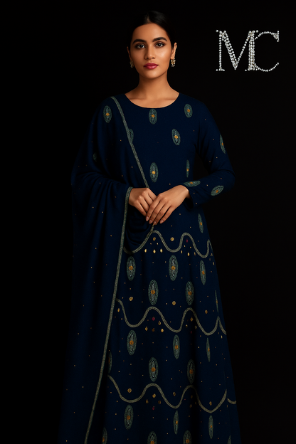 Deep navy blue chiffon fabric from MC THE BLACK DIAMOND, 4-meter length, ideal for elegant suit or dress making.