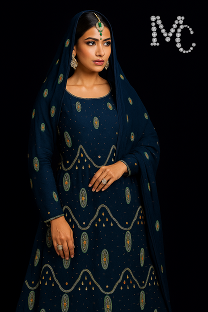 Deep navy blue chiffon fabric swatch from MC The Black Diamond 4-meter suit collection, showcasing lightweight, flowing material.