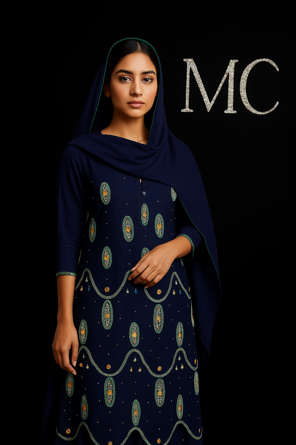 Deep navy blue chiffon fabric from MC THE BLACK DIAMOND, 4-meter length, shown folded with a smooth, flowing texture.