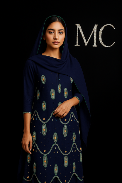 Deep navy blue chiffon fabric from MC THE BLACK DIAMOND, 4-meter length, shown folded with a smooth, flowing texture.