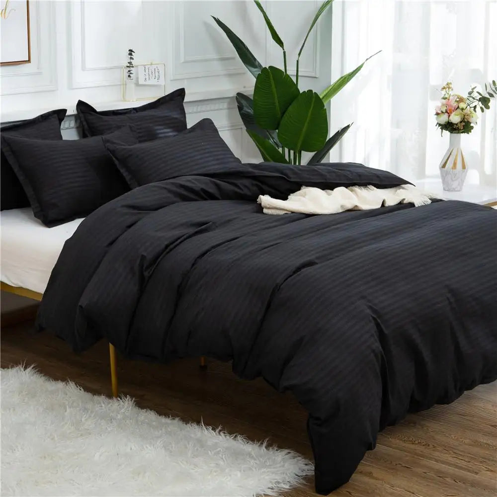 Black quilt set by MC THE BLACK DIAMOND, double queen king size bedding with solid color comforter and duvet cover for home bedrooms.