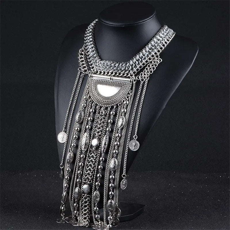 Fashion maxi long tassel statement necklace with boho Indian vintage coins, chunky collar jewelry for women by 𝕄𝕔 𝕋𝕙𝕖 𝔹𝕝𝕒𝕔𝕜 𝔻𝕚