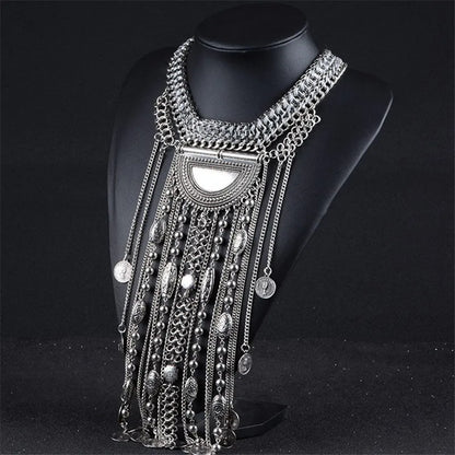 Fashion maxi long tassel statement necklace with boho Indian vintage coins, chunky collar jewelry for women by 𝕄𝕔 𝕋𝕙𝕖 𝔹𝕝𝕒𝕔𝕜 𝔻𝕚