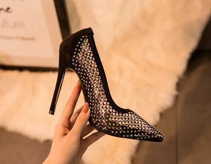 Colorful rhinestone women’s pumps with glitter, breathable mesh, hollow out design, thin heels, suitable for parties and weddings.