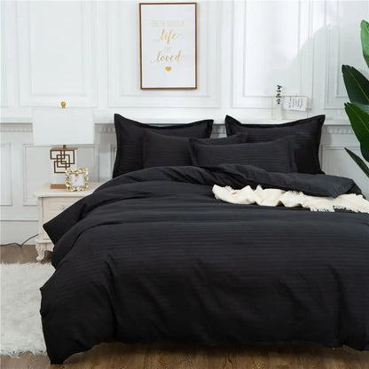 Black quilt set by MC THE BLACK DIAMOND, double to king size bedding with solid color comforter and duvet cover for home bedrooms.