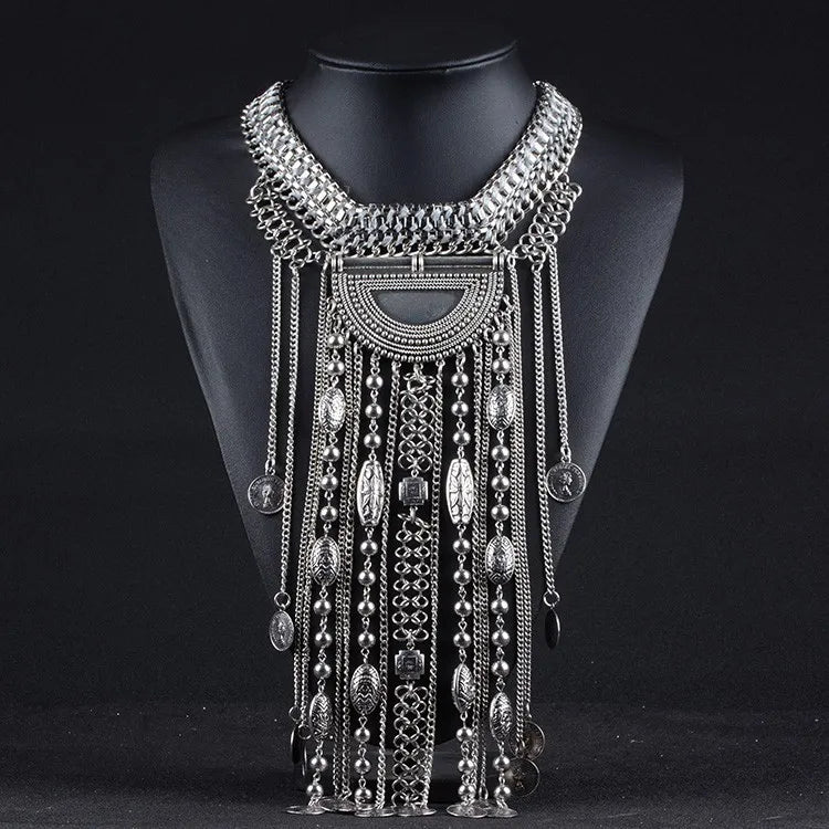 Long boho fashion maxi tassel statement necklace with ethnic vintage coins from 𝕄𝕔 𝕋𝕙𝕖 𝔹𝕝𝕒𝕔𝕜 𝔻𝕚𝕒𝕞