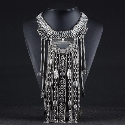 Long boho fashion maxi tassel statement necklace with ethnic vintage coins from 𝕄𝕔 𝕋𝕙𝕖 𝔹𝕝𝕒𝕔𝕜 𝔻𝕚𝕒𝕞